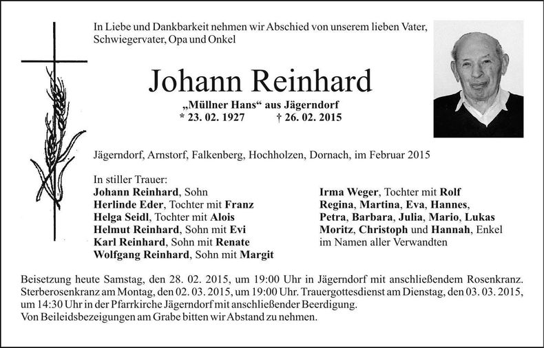 Traueranzeige Johann Reinhard