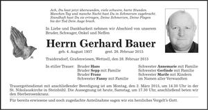 Traueranzeige Gerhard Bauer