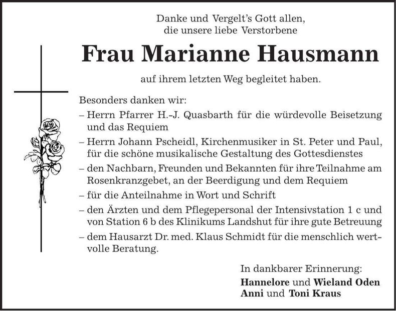 Traueranzeige Marianne Hausmann