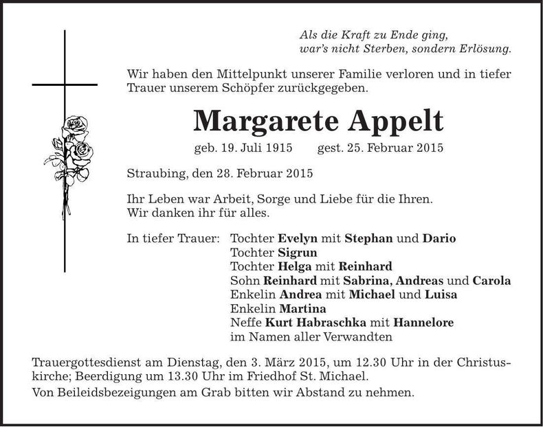 Traueranzeige Margarete Appelt