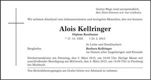 Traueranzeige Alois Kellringer