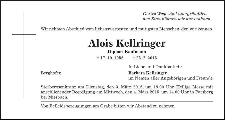 Traueranzeige Alois Kellringer
