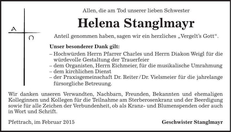 Traueranzeige Helena Stanglmayr