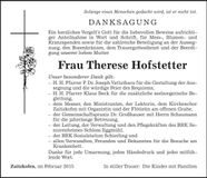 Traueranzeige Therese Hofstetter