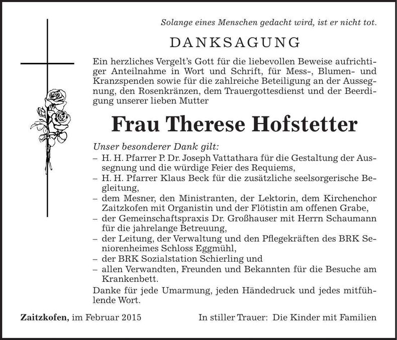 Traueranzeige Therese Hofstetter