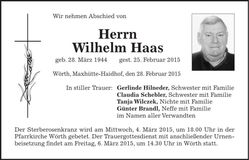 Traueranzeige Wilhelm Haas