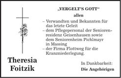Traueranzeige Theresia Foitzik