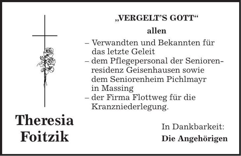 Traueranzeige Theresia Foitzik
