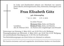 Traueranzeige Elisabeth Götz