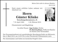 Traueranzeige Günter Klinke
