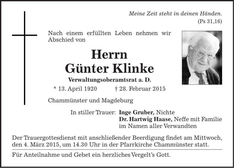 Traueranzeige Günter Klinke