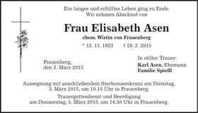 Traueranzeige Elisabeth Asen