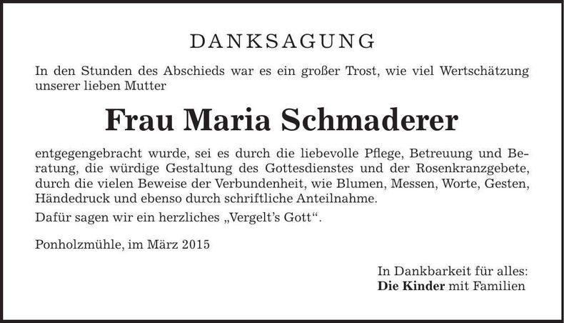 Traueranzeige Maria Schmaderer