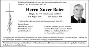 Traueranzeige Xaver Baier