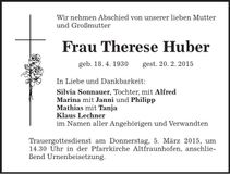 Traueranzeige Therese Huber