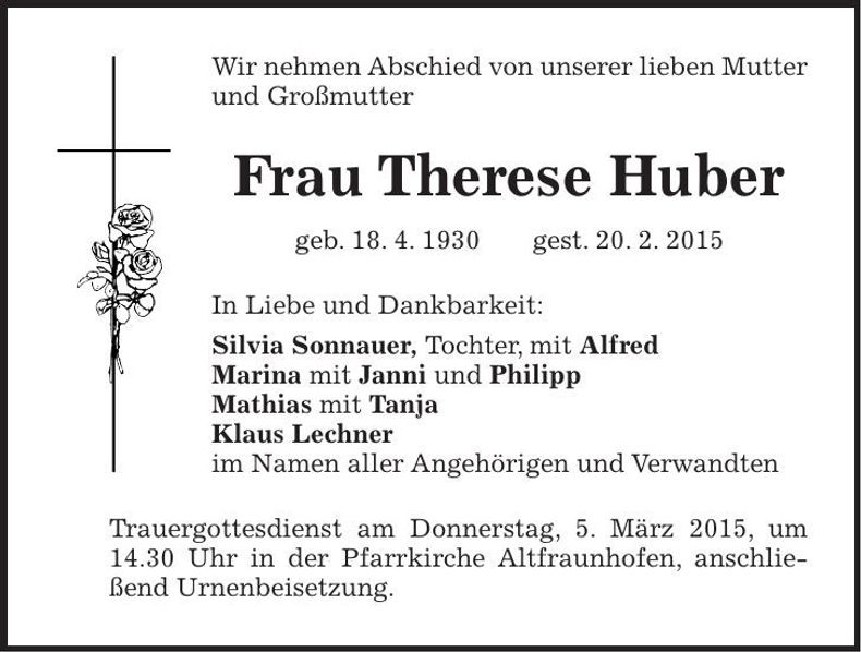 Traueranzeige Therese Huber