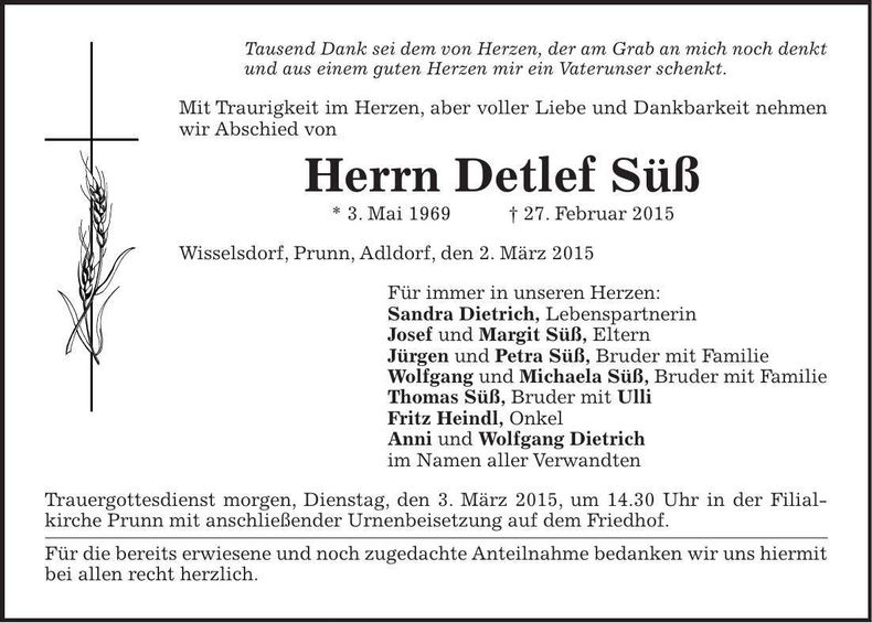 Traueranzeige Detlef Süß