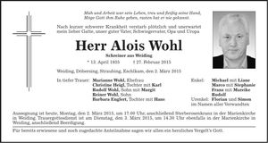 Traueranzeige Alois Wohl