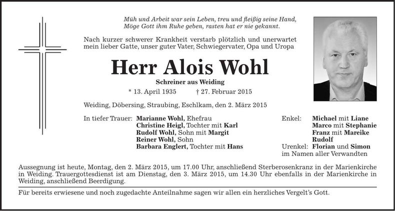 Traueranzeige Alois Wohl