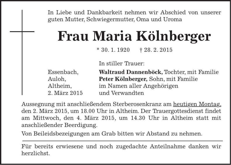 Traueranzeige Maria Kölnberger