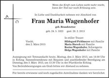 Traueranzeige Maria Wagenhofer