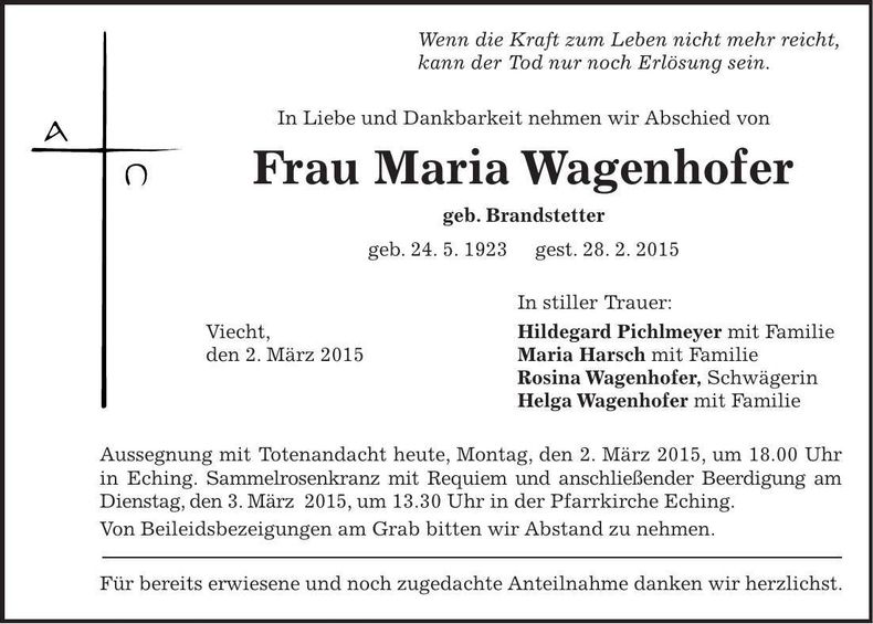 Traueranzeige Maria Wagenhofer