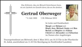 Traueranzeige Gertrud Oberweger
