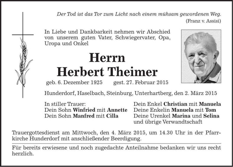 Traueranzeige Herbert Theimer