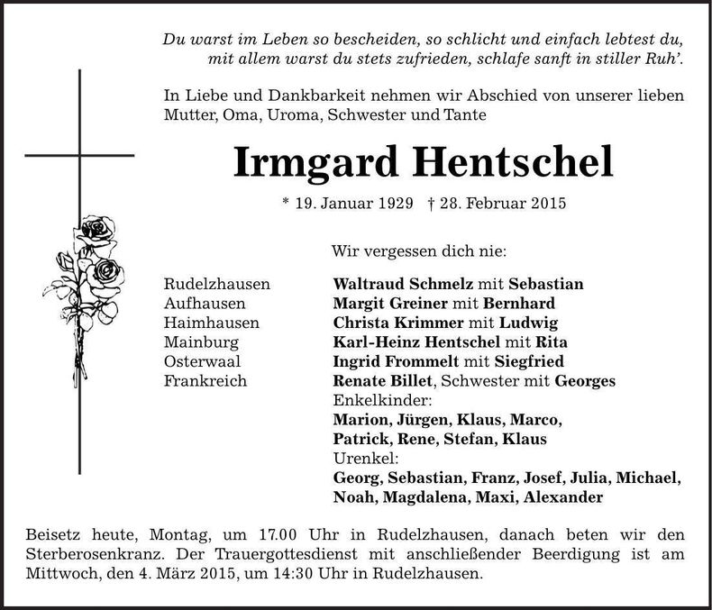 Traueranzeige Irmgard Hentschel