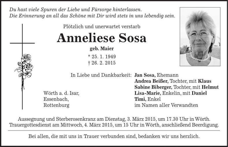 Traueranzeige Anneliese Sosa