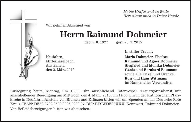 Traueranzeige Raimund Dobmeier