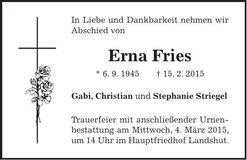 Traueranzeige Erna Fries