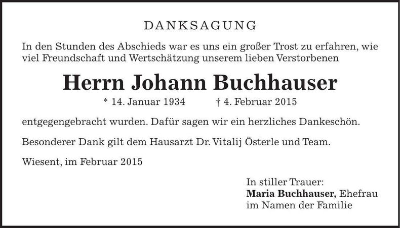 Traueranzeige Johann Buchhauser