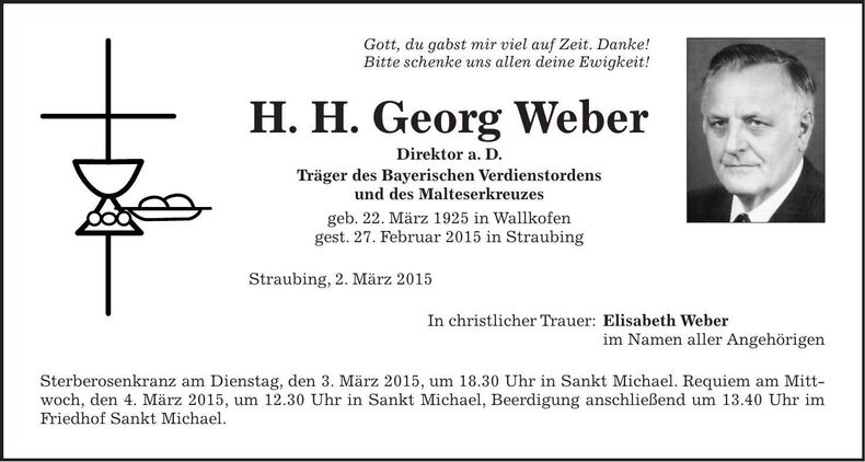 Traueranzeige H. H. Georg Weber