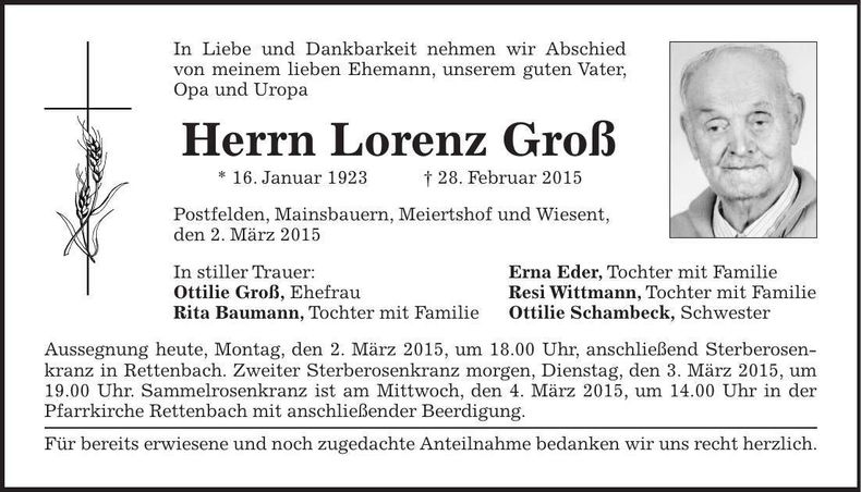 Traueranzeige Lorenz Groß