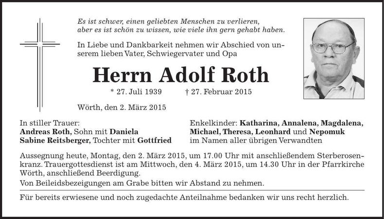 Traueranzeige Adolf Roth
