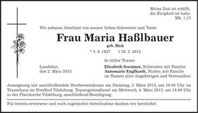 Traueranzeige Maria Haßlbauer
