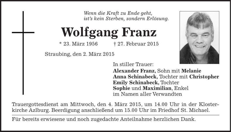 Traueranzeige Wolfgang Franz