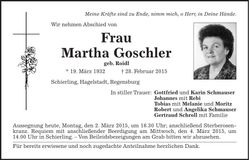 Traueranzeige Martha Goschler