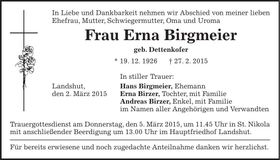 Traueranzeige Erna Birgmeier