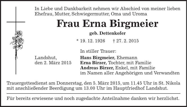 Traueranzeige Erna Birgmeier