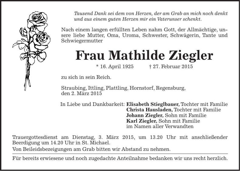 Traueranzeige Mathilde Ziegler
