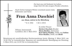 Traueranzeige Anna Daschiel