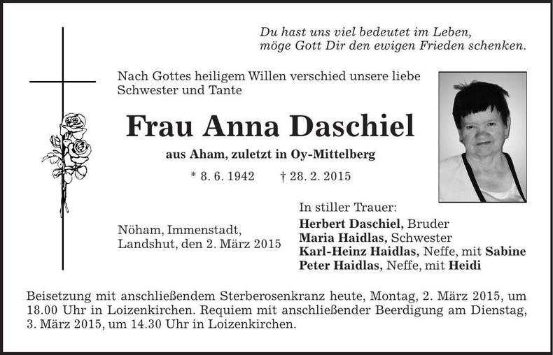 Traueranzeige Anna Daschiel