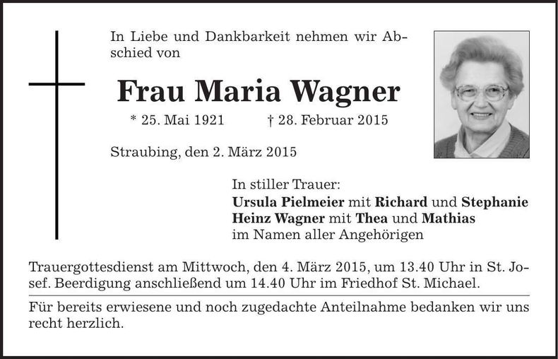 Traueranzeige Maria Wagner