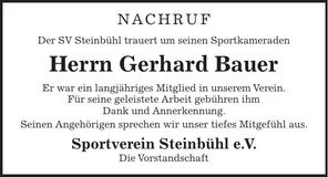 Traueranzeige Gerhard Bauer