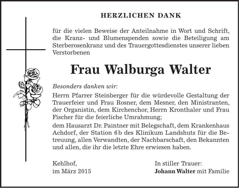 Traueranzeige Walburga Walter