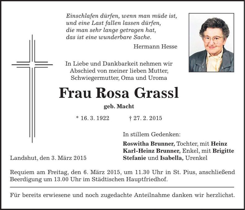 Traueranzeige Rosa Grassl