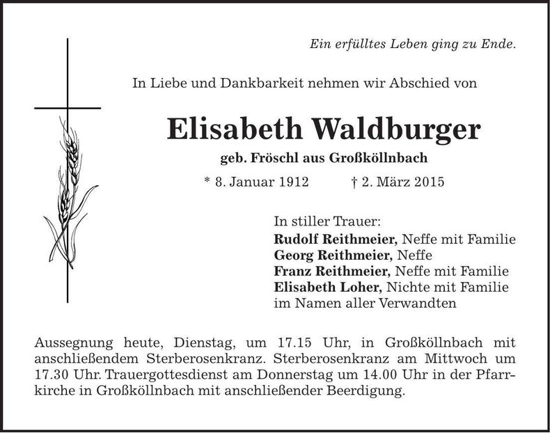 Traueranzeige Elisabeth Waldburger