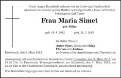 Traueranzeige Maria Simet